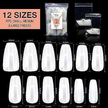 By Vixi 600 MEDIUM COFFIN/BALLERINA NAIL SET with PREP FILE, 12 Sizes - Opaque Express Full Cover False Fingernail Extensions for Salon Professionals & Home Use