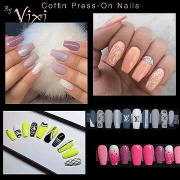 By Vixi 600 MEDIUM COFFIN/BALLERINA NAIL SET with PREP FILE, 12 Sizes - Opaque Express Full Cover False Fingernail Extensions for Salon Professionals & Home Use
