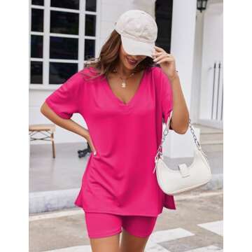 Ekouaer Women's Pajamas 2 Piece Lounge Sets: Oversized V Neck T-Shirts & Biker Shorts - Workout & Lo...