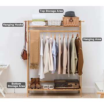 COPREE Bamboo Garment Coat Clothes Hanging Heavy Duty Rack with top Shelf and Shoe Clothing Storage ...