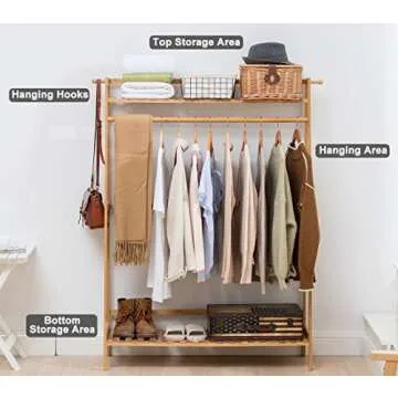 COPREE Bamboo Garment Coat Clothes Hanging Heavy Duty Rack with top Shelf and Shoe Clothing Storage ...