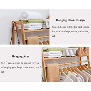 COPREE Bamboo Garment Coat Clothes Hanging Heavy Duty Rack with top Shelf and Shoe Clothing Storage Organizer Shelves