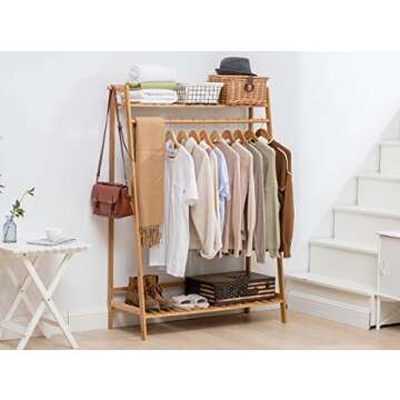COPREE Bamboo Garment Coat Clothes Hanging Heavy Duty Rack with top Shelf and Shoe Clothing Storage Organizer Shelves