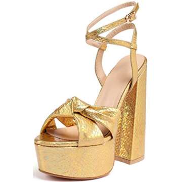 YODEKS Women's High Heels Sandals| Chunky Heel Platform Pumps| Peep Toe Ankle Strap Fashion Animal Print Summer Dress Shoes Gold 9 M US