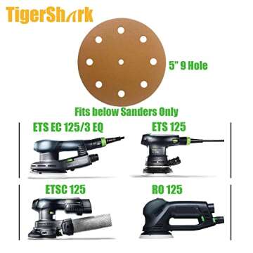 TigerShark 5 Inch 9 Hole Sanding Discs Grit 120 50pcs Pack Special Anti Clog Coating Tigershark Paper Gold Line Hook and Loop Dustless Random Orbital Sander Paper Medium