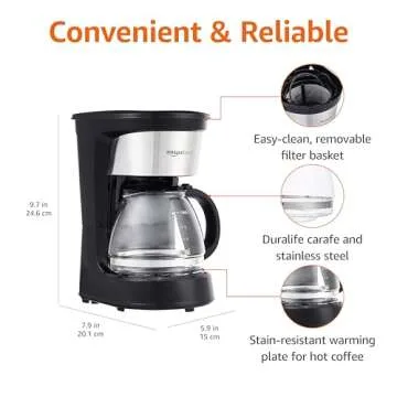 Amazon Basics Coffee Makers, 5-Cup Coffee Machines with Reusable Filter, Coffee Pots, Black & Stainl...