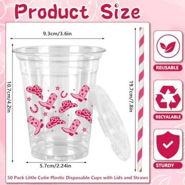 JarThenaAMCS 50Pcs Cowgirl Plastic Cups with Lids and Straws Pink Western Cowgirl Clear Plastic Cups...