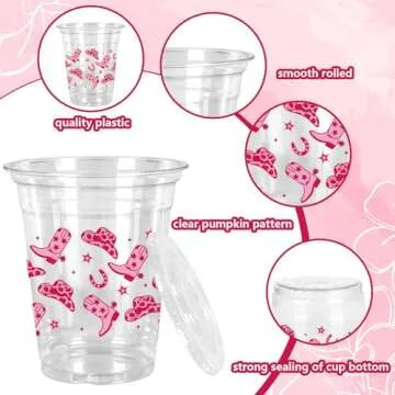JarThenaAMCS 50Pcs Cowgirl Plastic Cups with Lids and Straws Pink Western Cowgirl Clear Plastic Cups 12oz Disposable Cups for Boho Preppy Party Supplies