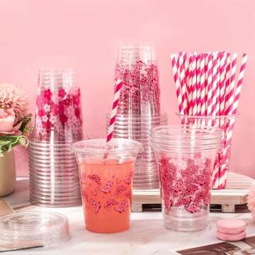 JarThenaAMCS 50Pcs Cowgirl Plastic Cups with Lids and Straws Pink Western Cowgirl Clear Plastic Cups 12oz Disposable Cups for Boho Preppy Party Supplies