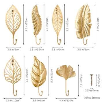 QUMENEY Decorative Wall Hooks Leaves Hooks 7 Pack, Gold Wall Hooks Hanging Key Holder Leaf Towel Hooks Wall Mounted Vintage Coat Hanger for Entryway Bathroom Bedroom Farmhouse Decoration