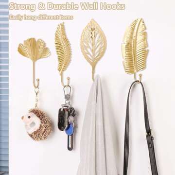 QUMENEY Decorative Wall Hooks Leaves Hooks 7 Pack, Gold Wall Hooks Hanging Key Holder Leaf Towel Hooks Wall Mounted Vintage Coat Hanger for Entryway Bathroom Bedroom Farmhouse Decoration