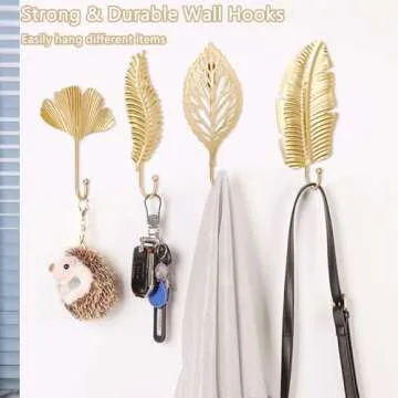 QUMENEY Decorative Wall Hooks Leaves Hooks 7 Pack, Gold Wall Hooks Hanging Key Holder Leaf Towel Hooks Wall Mounted Vintage Coat Hanger for Entryway Bathroom Bedroom Farmhouse Decoration