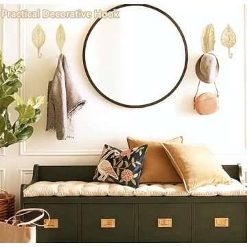 QUMENEY Decorative Wall Hooks Leaves Hooks 7 Pack, Gold Wall Hooks Hanging Key Holder Leaf Towel Hooks Wall Mounted Vintage Coat Hanger for Entryway Bathroom Bedroom Farmhouse Decoration