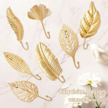 QUMENEY Decorative Wall Hooks Leaves Hooks 7 Pack, Gold Wall Hooks Hanging Key Holder Leaf Towel Hooks Wall Mounted Vintage Coat Hanger for Entryway Bathroom Bedroom Farmhouse Decoration