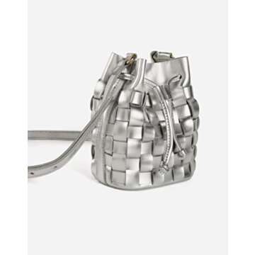 TIJN Tote Bag for Women, Mini Bucket Crossbody Top-Handle Vegan Leather Small Sized Retro Handbag (Ailin-Silver)