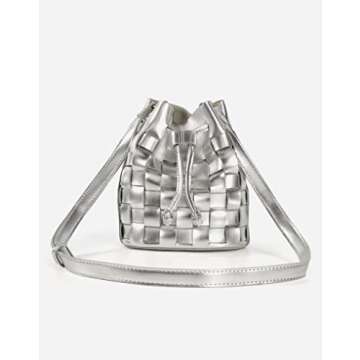 TIJN Tote Bag for Women, Mini Bucket Crossbody Top-Handle Vegan Leather Small Sized Retro Handbag (Ailin-Silver)