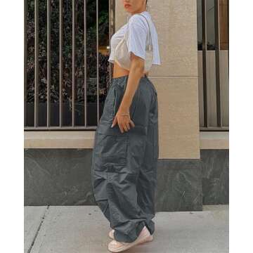 Neyaolk Women's Baggy Cargo Pants with Pocket Drawstring Low Waist Loose Hip Hop Casual Trousers Sweatpant Y2K Streetwear Grey S