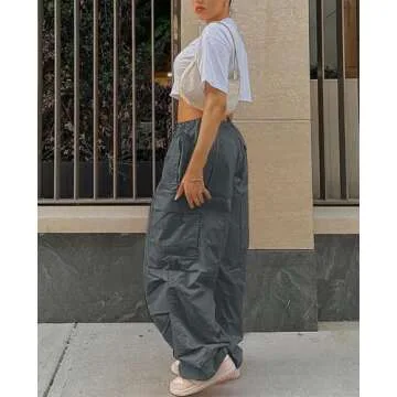 Neyaolk Women's Baggy Cargo Pants with Pocket Drawstring Low Waist Loose Hip Hop Casual Trousers Sweatpant Y2K Streetwear Grey S