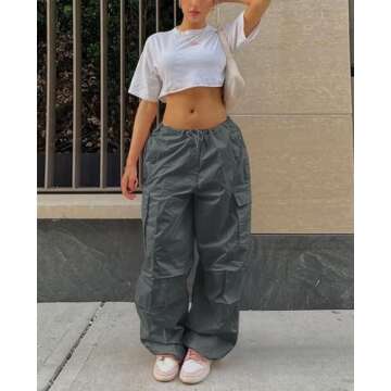 Neyaolk Women's Baggy Cargo Pants with Pocket Drawstring Low Waist Loose Hip Hop Casual Trousers Sweatpant Y2K Streetwear Grey S