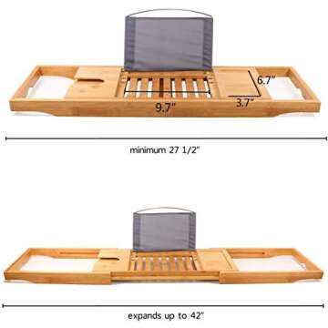 DOZYANT Bamboo Bathtub Tray Caddy Wooden Bath Tray Table with Extending Sides, Reading Rack, Tablet Holder, Cellphone Tray and Wine Glass Holder