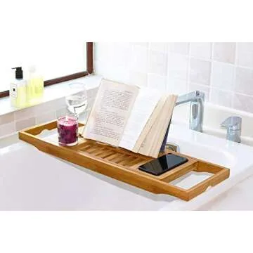 DOZYANT Bamboo Bathtub Tray Caddy Wooden Bath Tray Table with Extending Sides, Reading Rack, Tablet Holder, Cellphone Tray and Wine Glass Holder