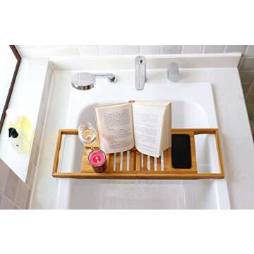 DOZYANT Bamboo Bathtub Tray Caddy Wooden Bath Tray Table with Extending Sides, Reading Rack, Tablet Holder, Cellphone Tray and Wine Glass Holder