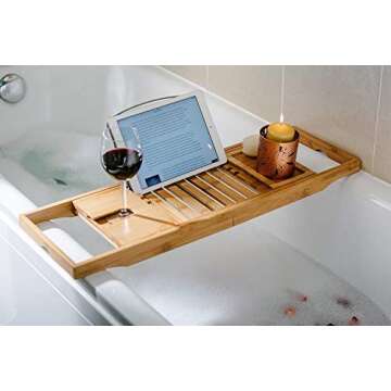DOZYANT Bamboo Bathtub Tray Caddy Wooden Bath Tray Table with Extending Sides, Reading Rack, Tablet Holder, Cellphone Tray and Wine Glass Holder