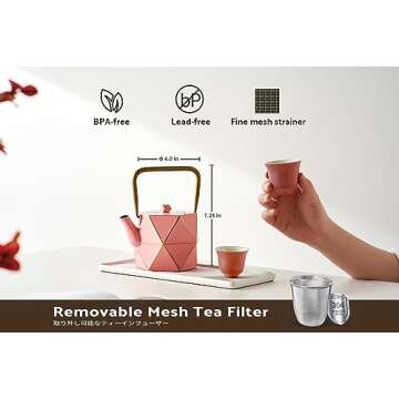 Toptier Cast Iron Teapot, Stovetop Safe Japanese Cast Iron Tea Kettle, Diamond Design Tea Pot with Removable Infuser for Loose Tea, 30 Ounce (900 ml), Pink