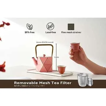 Toptier Cast Iron Teapot, Stovetop Safe Japanese Cast Iron Tea Kettle, Diamond Design Tea Pot with Removable Infuser for Loose Tea, 30 Ounce (900 ml), Pink