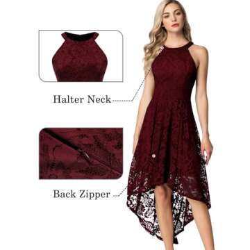 Dressystar 0028 Halter Floral Lace Cocktail Party Dress Hi-Lo Bridesmaid Dress Burgundy S