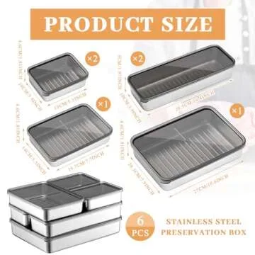 Hushee 6 Pack Bacon Cheese Container for Refrigerator, Stainless Steel Airtight Deli Meat Container,...