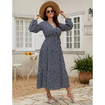 KOJOOIN Women Plus Size V Neck Maxi Dress Wrap Long Sleeves High Waist Ruffle Casual Dress with Belt Navy Blue Flower 4XL