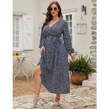 KOJOOIN Women Plus Size V Neck Maxi Dress Wrap Long Sleeves High Waist Ruffle Casual Dress with Belt Navy Blue Flower 4XL