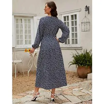 KOJOOIN Women Plus Size V Neck Maxi Dress Wrap Long Sleeves High Waist Ruffle Casual Dress with Belt Navy Blue Flower 4XL