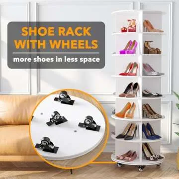 SpaceAid Spinning Shoe Rack with Wheels, 7 Tier Rotating Organizer Shoe Tower Lazy Susan with Thick Bottom, 360 Display Revolving Storage Shelf, Round Circular Rotate Organization, White