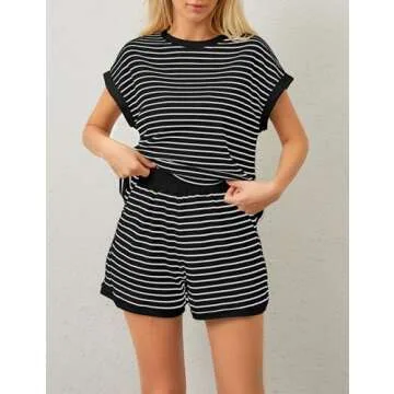 MISSACTIVER 2 Piece Lounge Set Women Stripe Knit Short Sleeve Tee Shirts Shorts Casual Summer Lounge...