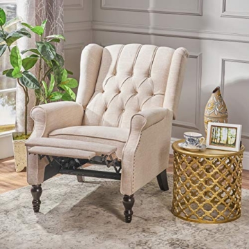 CHRISTOPHER KNIGHT HOME GDF Studio Elizabeth Tufted Fabric Recliner, Vintage Reclining Reading Armchair, Light Beige