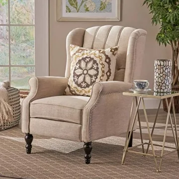 CHRISTOPHER KNIGHT HOME GDF Studio Elizabeth Tufted Fabric Recliner, Vintage Reclining Reading Armchair, Light Beige
