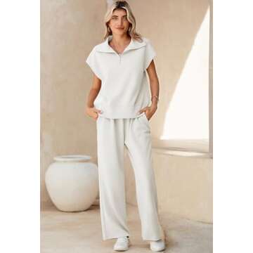 Pink Queen Lounge Sets for Women 2 Piece Fashion Summer Outfits Quarter Half Zip Tops and Wide Leg Pants Loose Fit Tracksuit Pajamas Matching Sets 2025 Spring Sweatsuits Clothes White M