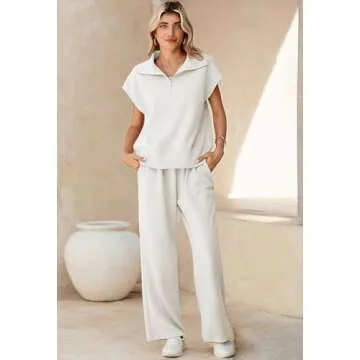 Pink Queen Lounge Sets for Women 2 Piece Fashion Summer Outfits Quarter Half Zip Tops and Wide Leg Pants Loose Fit Tracksuit Pajamas Matching Sets 2025 Spring Sweatsuits Clothes White M