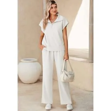 Pink Queen Lounge Sets for Women 2 Piece Fashion Summer Outfits Quarter Half Zip Tops and Wide Leg Pants Loose Fit Tracksuit Pajamas Matching Sets 2025 Spring Sweatsuits Clothes White M