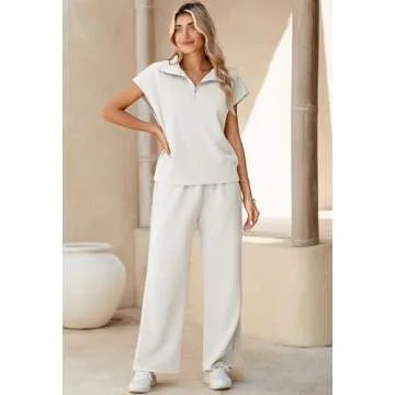 Pink Queen Lounge Sets for Women 2 Piece Fashion Summer Outfits Quarter Half Zip Tops and Wide Leg Pants Loose Fit Tracksuit Pajamas Matching Sets 2025 Spring Sweatsuits Clothes White M