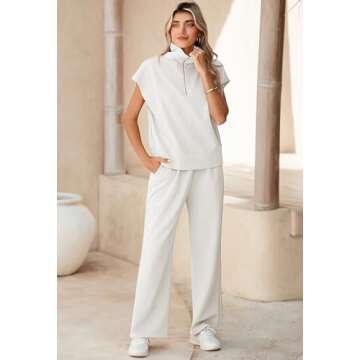 Pink Queen Lounge Sets for Women 2 Piece Fashion Summer Outfits Quarter Half Zip Tops and Wide Leg Pants Loose Fit Tracksuit Pajamas Matching Sets 2025 Spring Sweatsuits Clothes White M