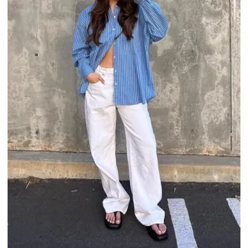 LONGBIDA Baggy Jeans for Women High Waisted Stretch Wide Leg Straight Denim Jeans(White,S)