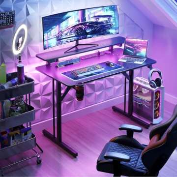 MOTPK 31 Inch Small Gaming Desk with LED Lights & Power Outlets, Computer Desk Gaming Table with Mon...
