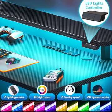 MOTPK 31 Inch Small Gaming Desk with LED Lights & Power Outlets, Computer Desk Gaming Table with Monitor Shelf, Gamer Desk with Carbon Fiber Texture, Kids Boys Desk Gift for Men