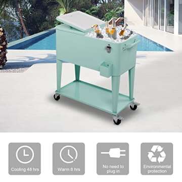 VINGLI 80 Quart Rolling Ice Chest on Wheels, Portable Patio Party Bar Drink Cooler Cart, with Shelf, Beverage Pool with Bottle Opener,Water Pipe