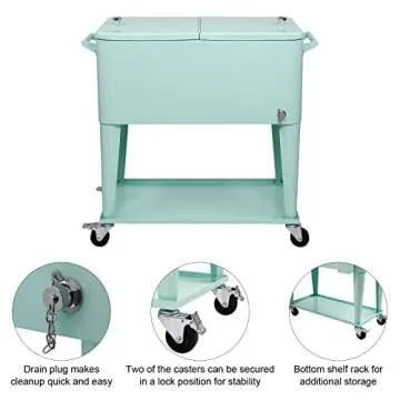 VINGLI 80 Quart Rolling Ice Chest on Wheels, Portable Patio Party Bar Drink Cooler Cart, with Shelf, Beverage Pool with Bottle Opener,Water Pipe