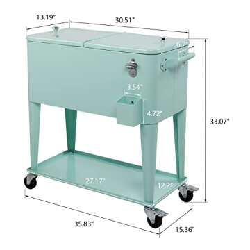 VINGLI 80 Quart Rolling Ice Chest on Wheels, Portable Patio Party Bar Drink Cooler Cart, with Shelf, Beverage Pool with Bottle Opener,Water Pipe