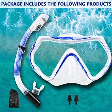 Snorkel mask Snorkeling Set for Adults and Youth, Diving mask and Full Dry Snorkel Swim Googles is Suitable for Snorkeling, Dive Scuba Diving, Swimming (Blue and White-Transparent)